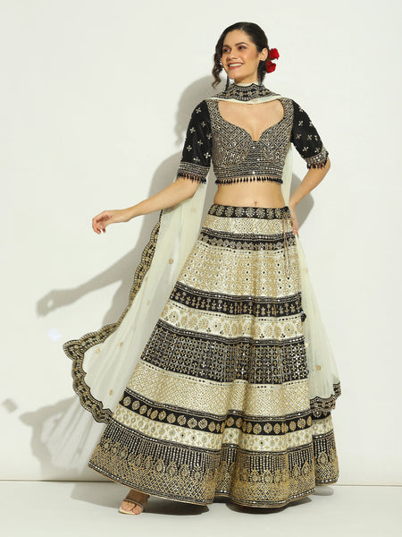 Black & White Mirror Elbow Sleeved Lehenga