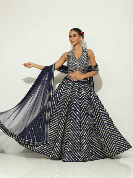 Midnight blue pipework Lehenga