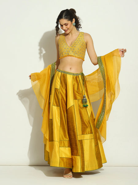 Yellow Olive Geometric Patchwork Lehenga