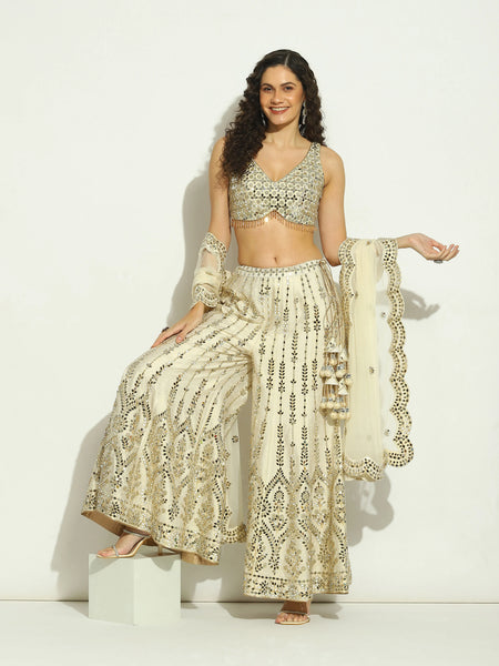 Ivory Mirror Work Sleeveless Sharara