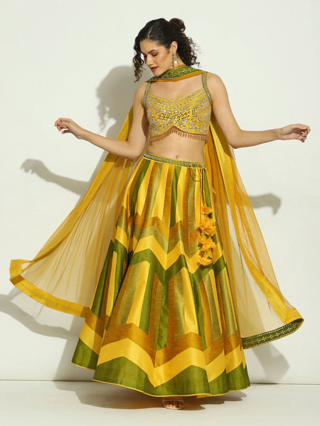 Yellow Olive Chevron Stripped Lehenga