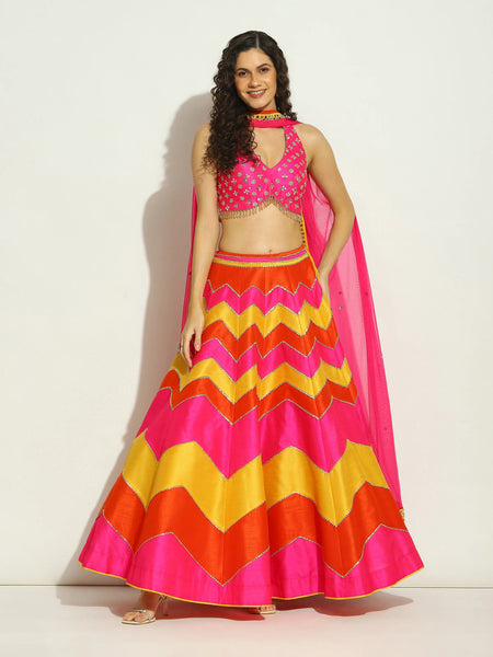 Fushsia Orange Yellow Chevron Patchwork Lehenga