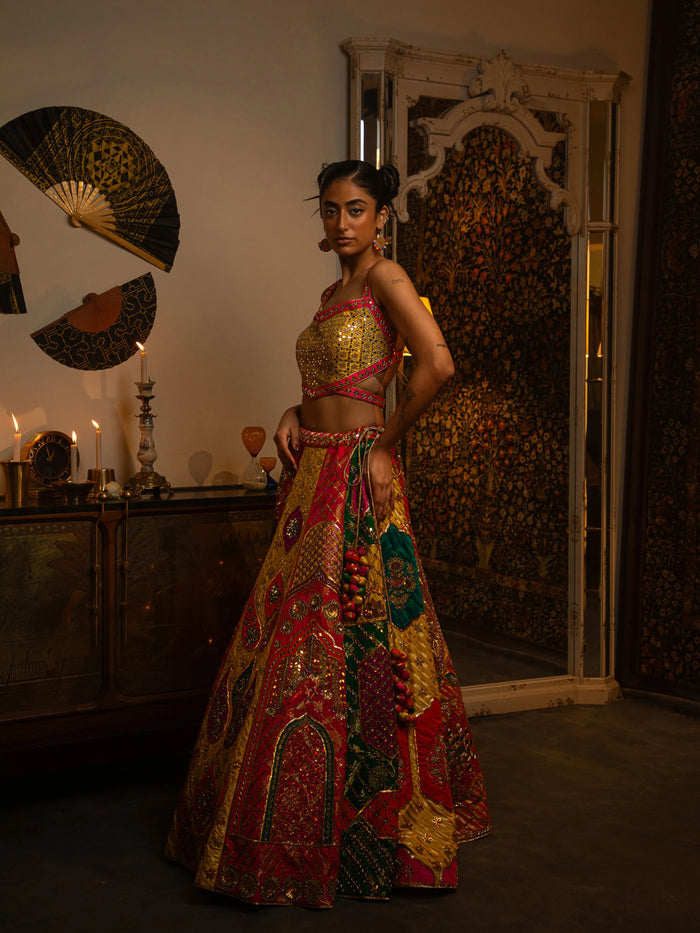 Haphazard patchwork lehenga.