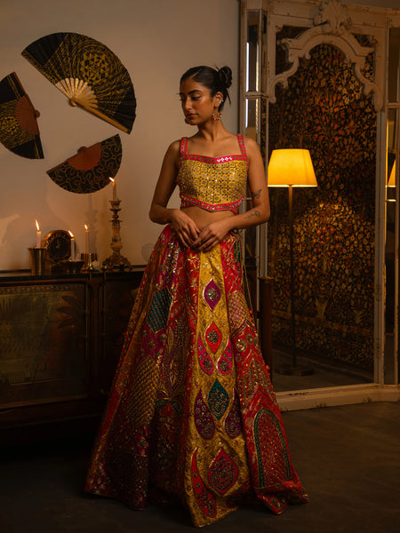 Haphazard patchwork lehenga.