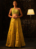 Green & yellow beadwork lehenga.