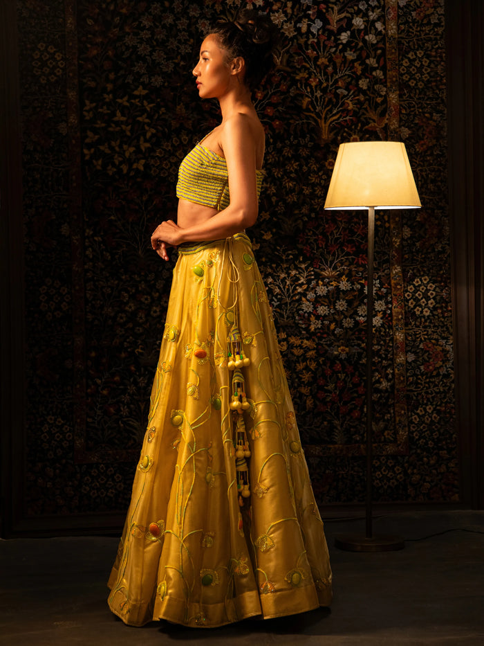 Green & yellow beadwork lehenga.