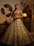 Ocean blue mirror work lehenga.