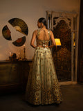 Ocean blue mirror work lehenga.
