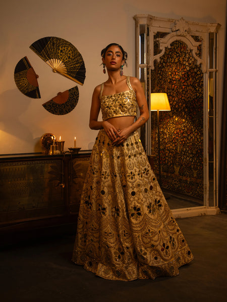 Raw silk mirror work lehenga