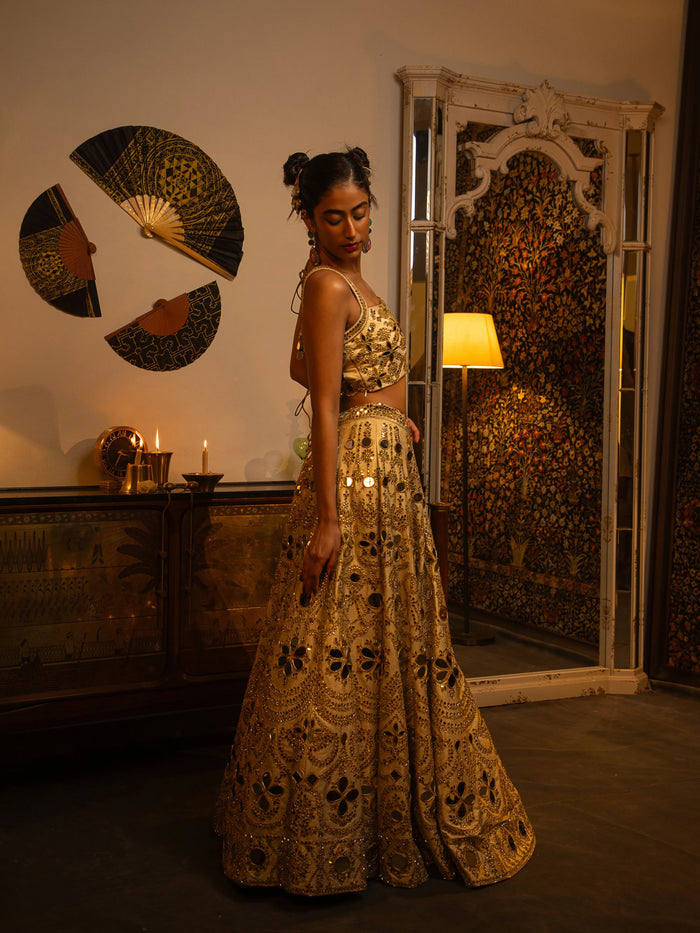 Raw silk mirror work lehenga