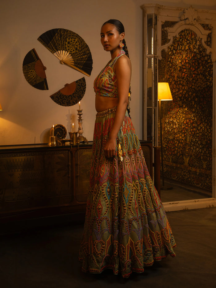 Dusty blue multi bead work lehenga.