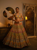 Dusty blue multi bead work lehenga.
