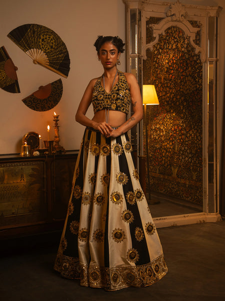 Charcoal statement mirror lehenga.