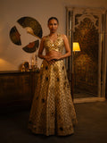 Ivory raw silk mirror work lehenga.