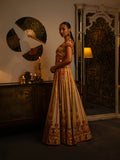 Ivory mirror and thread work lehenga.
