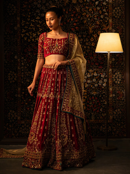 Fuchsia velvet bridal lehenga