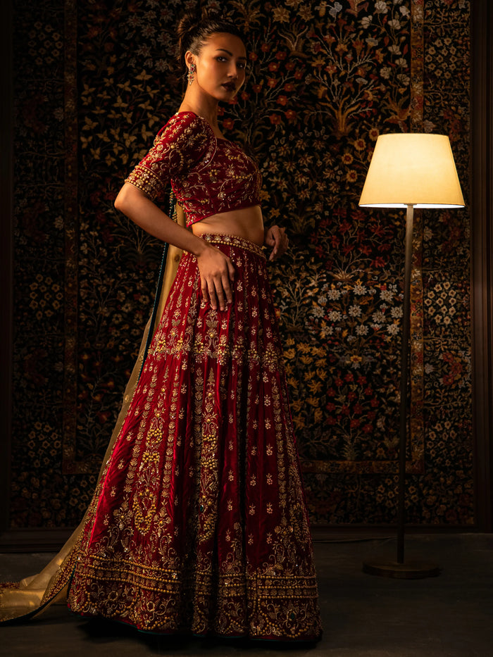 Fuchsia velvet bridal lehenga
